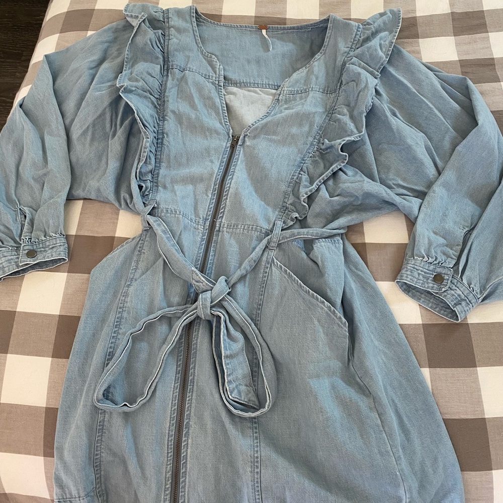 Free People Imogene frill denim mini dress in blue